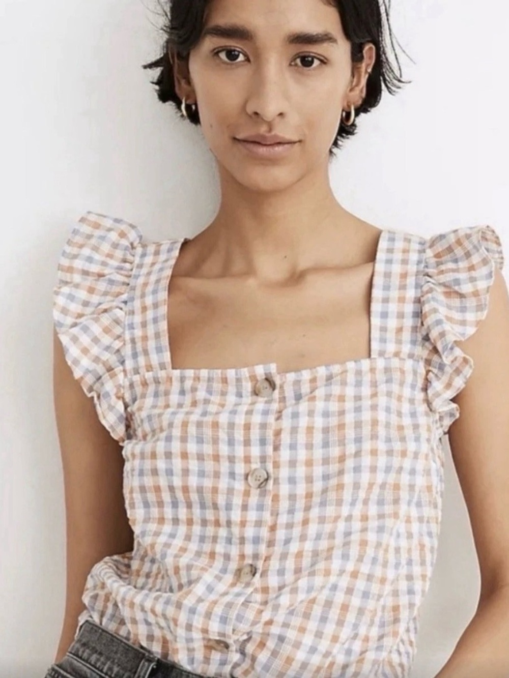 Madewell Gingham Seersucker Ruffle-Strap Button-Up Tank Top